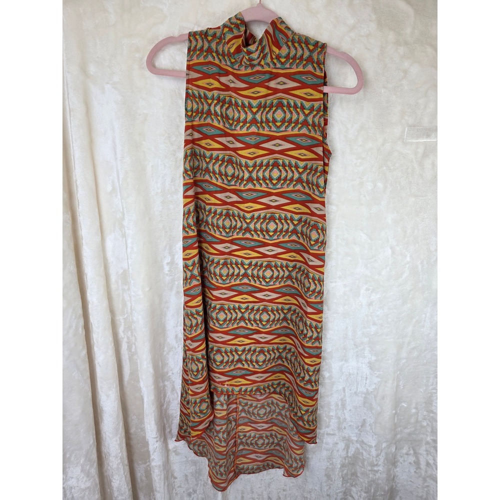 My Story Womens Geometric Tribal Print High Neck Open Back Tie Top Orange Medium